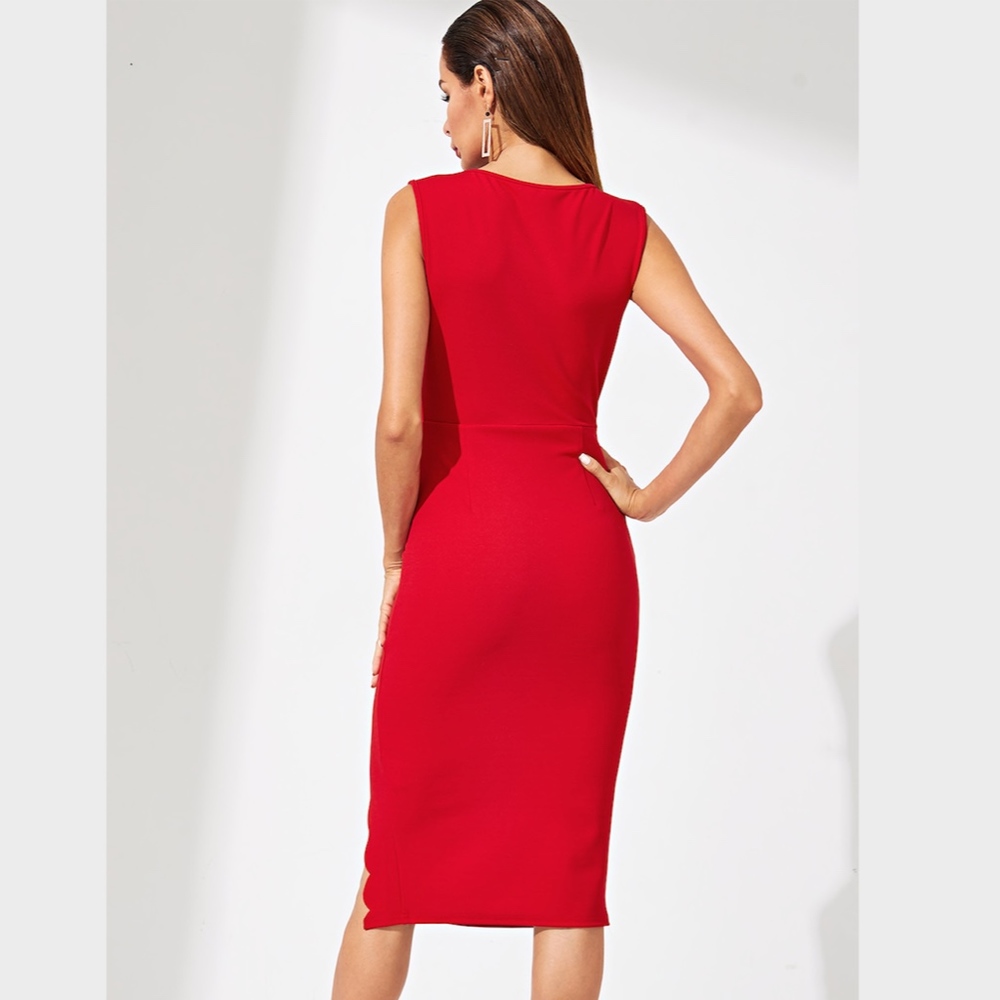 Plunging Neck Scallop Edge Slit Bodycon Dress Red - Picture 3 of 8